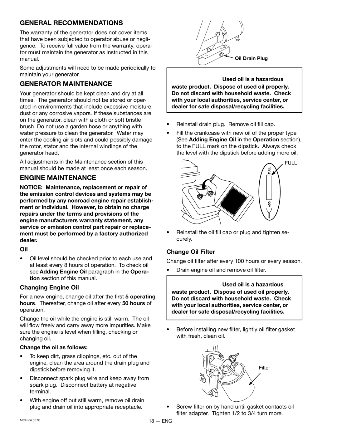 Craftsman MGP-670070, 919.670070 owner manual General Recommendations, Generator Maintenance, Engine Maintenance 