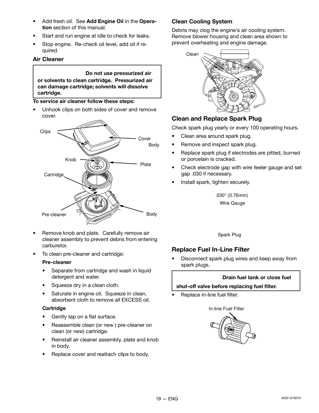 Craftsman 919.670070 Clean and Replace Spark Plug, Replace Fuel In-Line Filter, Air Cleaner, Clean Cooling System 