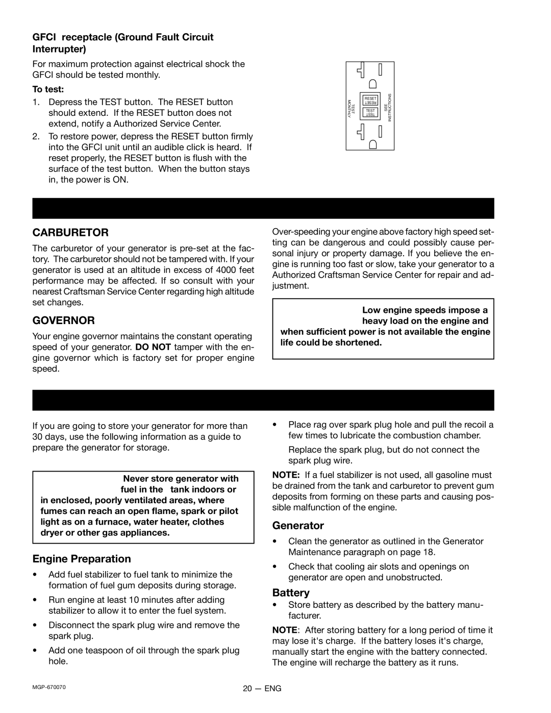 Craftsman MGP-670070, 919.670070 owner manual Service Adjustments, Storage, Carburetor, Governor 