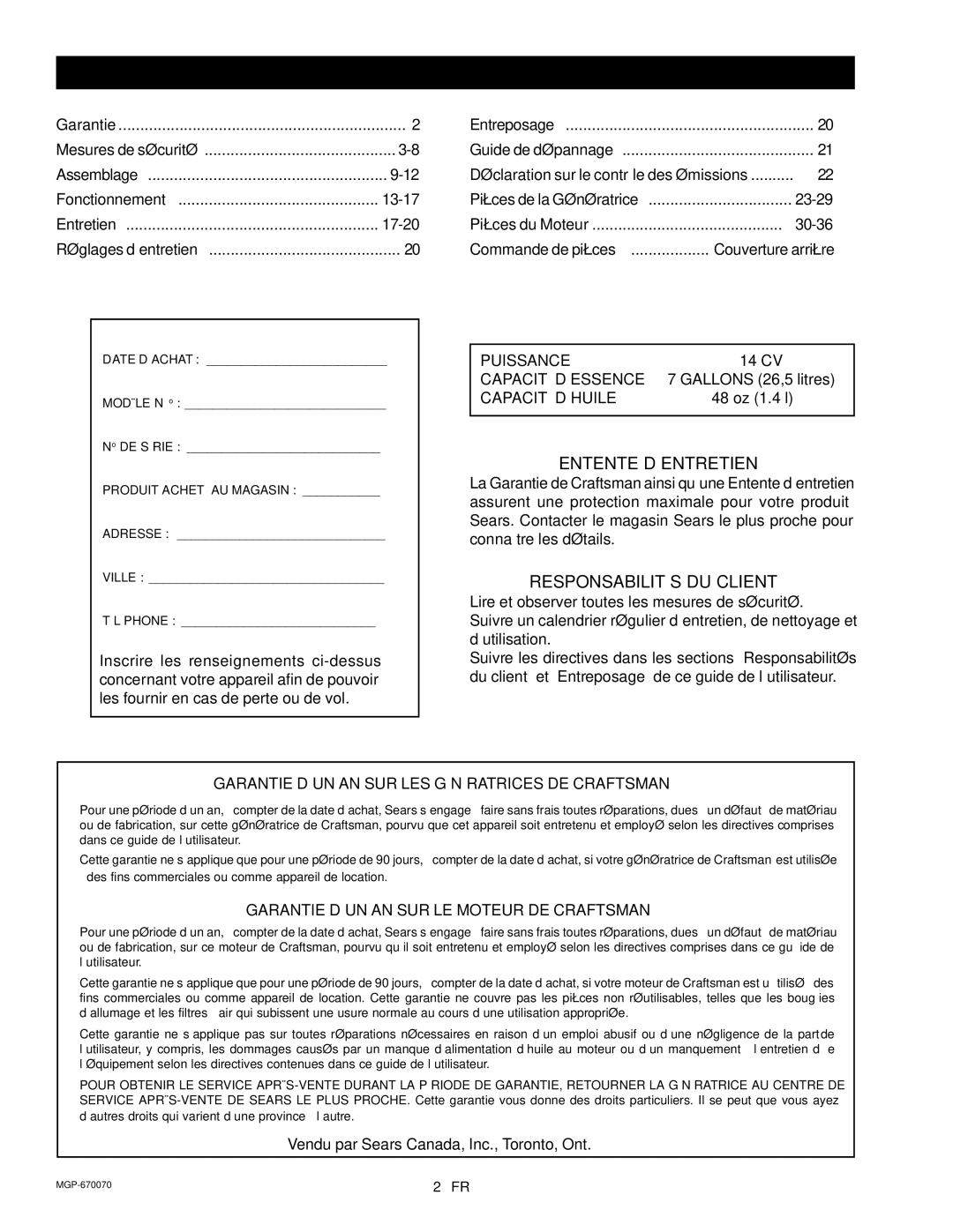 Craftsman MGP-670070, 919.670070 owner manual Entente D’ENTRETIEN, Responsabilités DU Client 