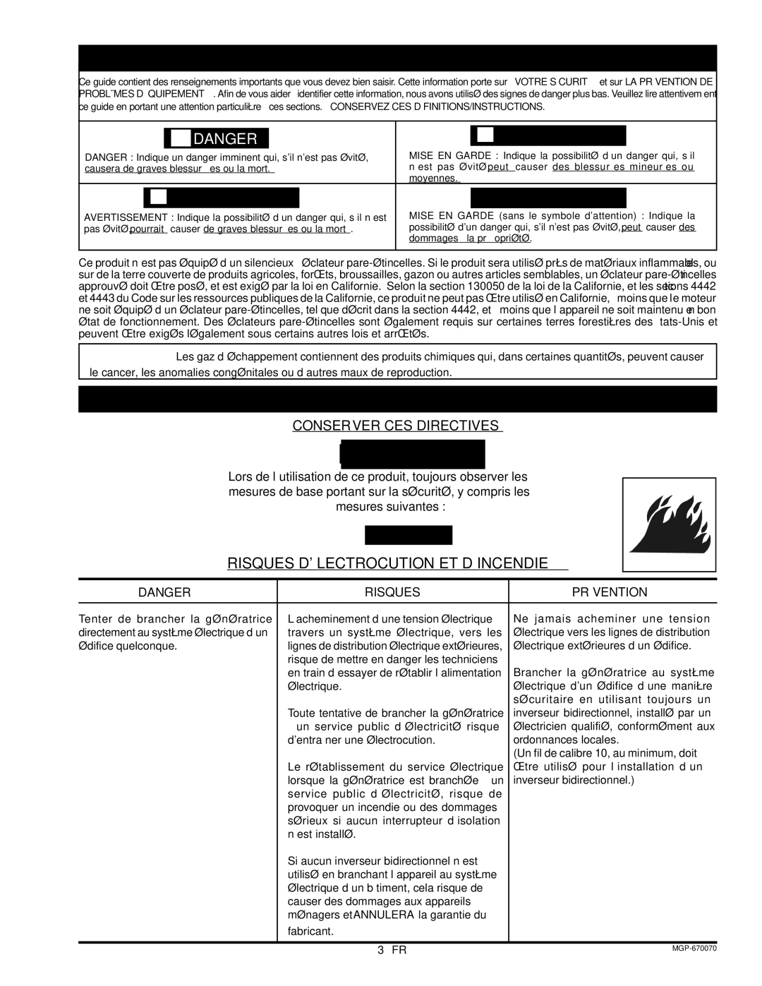 Craftsman 919.670070, MGP-670070 Risques Délectrocution ET D’INCENDIE, Conserver CES Directives, Risques Prévention 