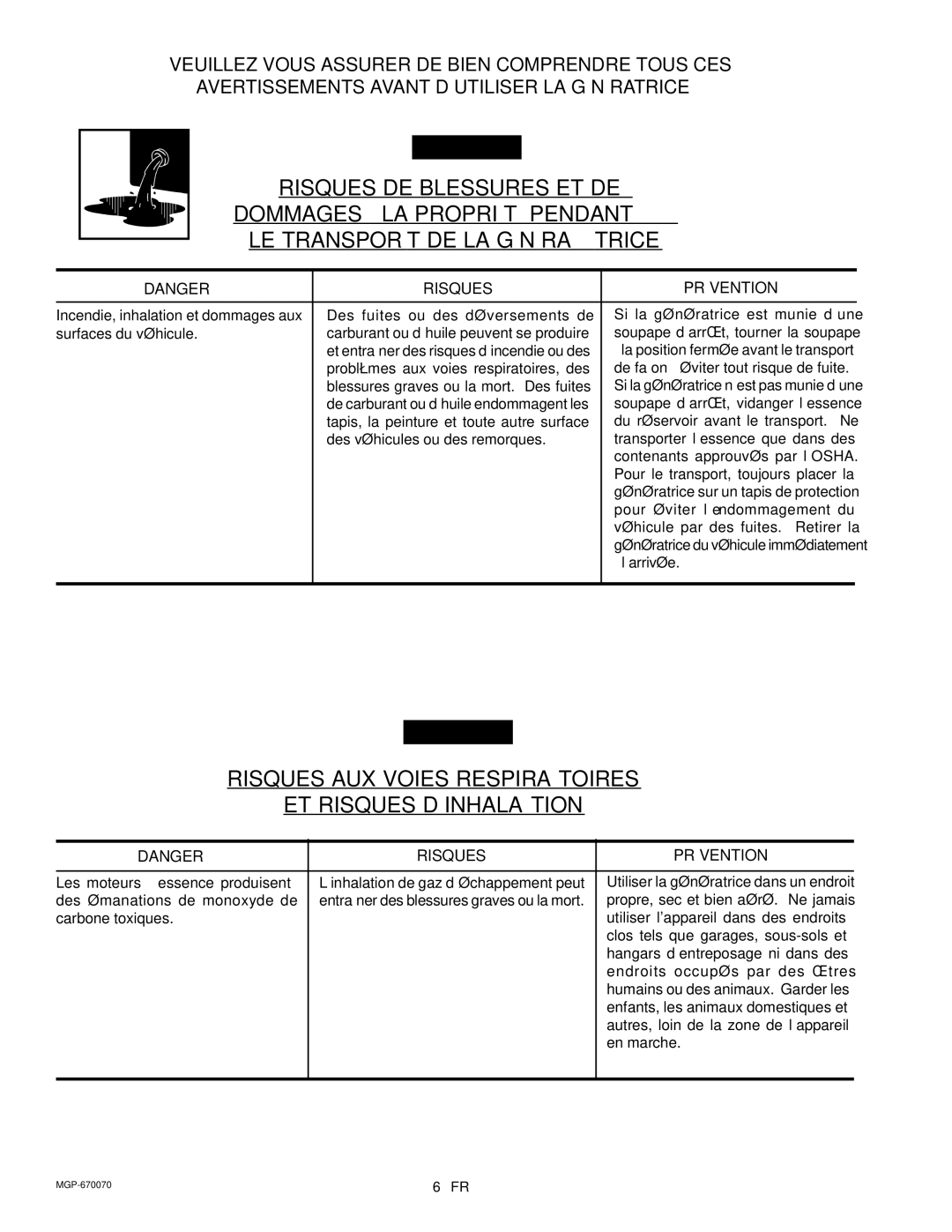 Craftsman MGP-670070, 919.670070 owner manual Les moteurs à essence produisent 