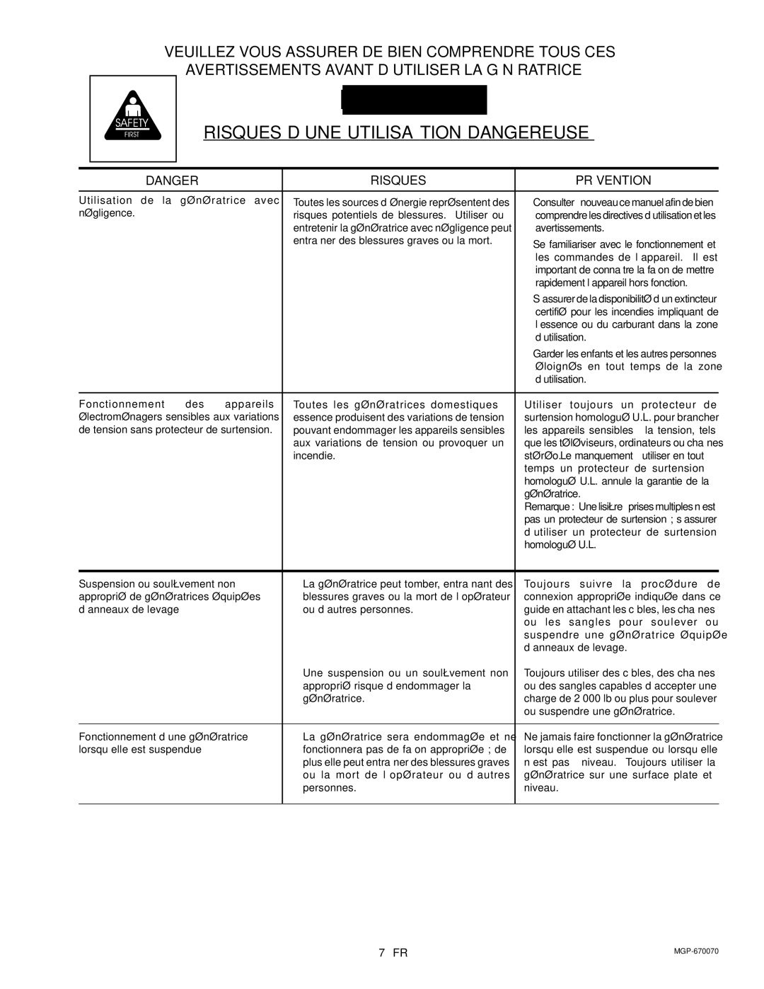 Craftsman 919.670070, MGP-670070 owner manual Risques D’UNE Utilisation Dangereuse, Génératrice 