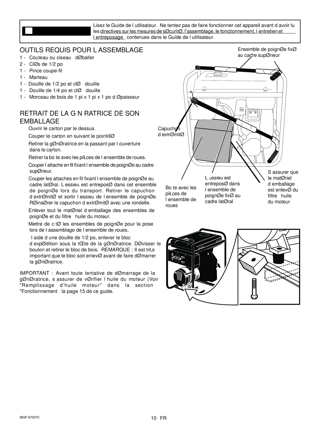 Craftsman MGP-670070, 919.670070 owner manual Outils Requis Pour L’ASSEMBLAGE, Retrait DE LA Génératrice DE SON Emballage 