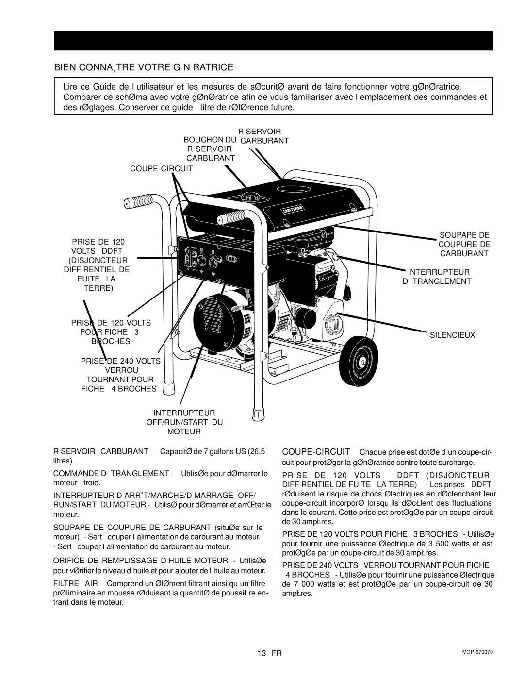 Craftsman 919.670070, MGP-670070 owner manual Fonctionnement, Bien Connaître Votre Génératrice 