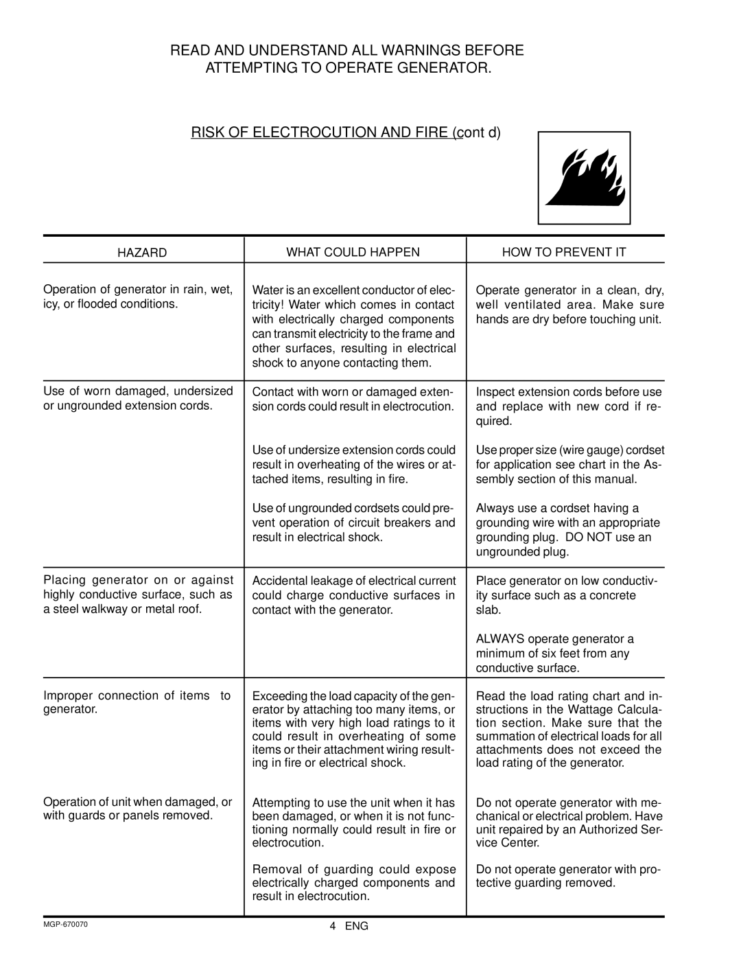 Craftsman MGP-670070, 919.670070 owner manual Risk of Electrocution and Fire cont’d 