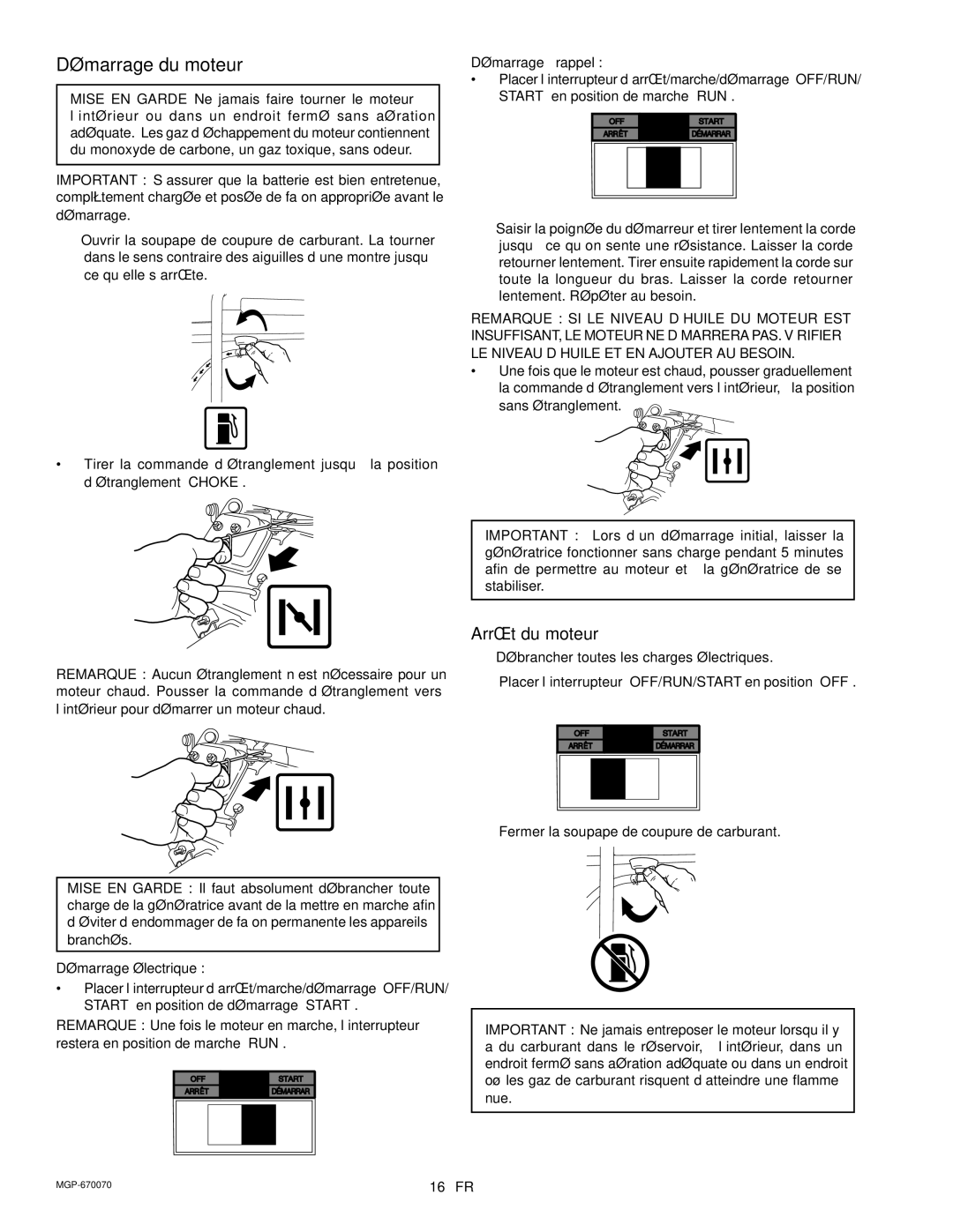 Craftsman MGP-670070, 919.670070 owner manual Démarrage du moteur, Arrêt du moteur, Démarrage électrique, Démarrage à rappel 