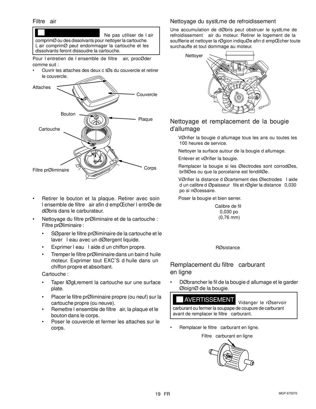 Craftsman 919.670070 Nettoyage et remplacement de la bougie dallumage, Remplacement du filtre à carburant en ligne 