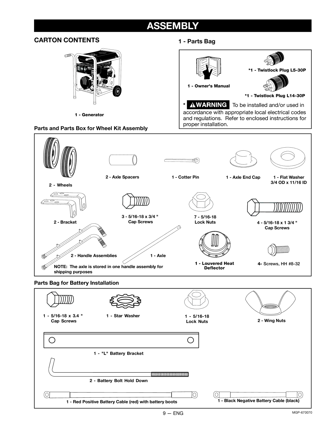 Craftsman 919.670070, MGP-670070 owner manual Assembly, Carton Contents 