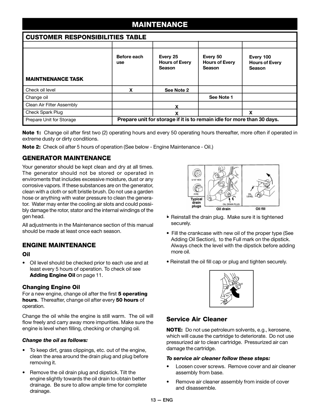 Craftsman 919.679580 Customer Responsibilities Table, Generator Maintenance, Engine Maintenance, Service Air Cleaner 