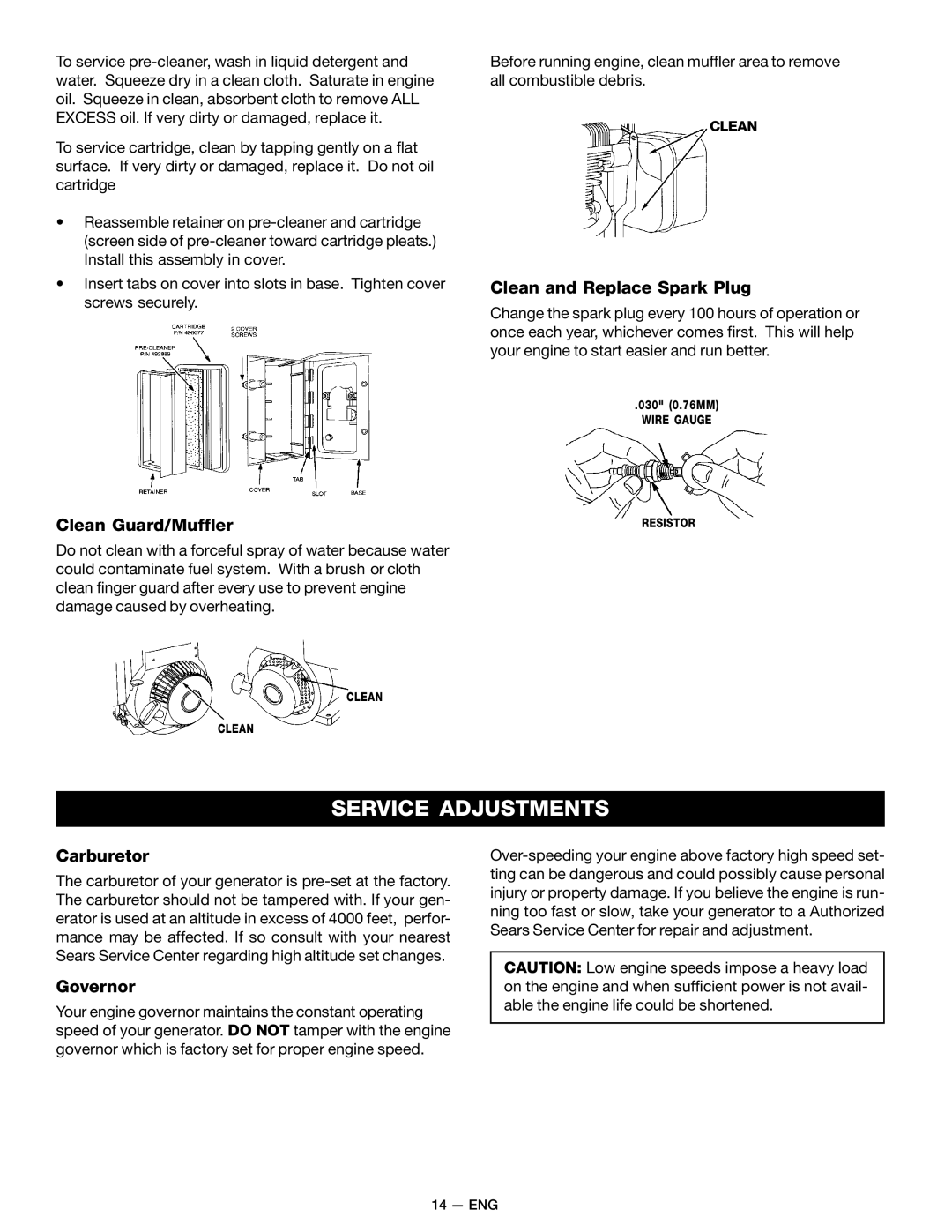 Craftsman MGP-679580 Service Adjustments, Clean and Replace Spark Plug, Clean Guard/Muffler, Carburetor, Governor 