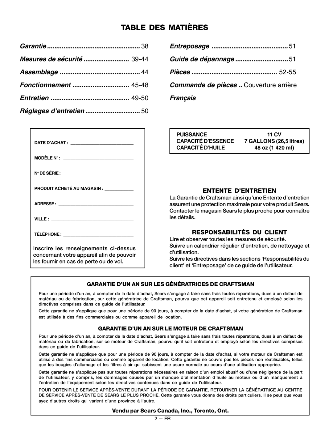 Craftsman MGP-679580, 919.679580 owner manual Table DES Matières, Entretien 