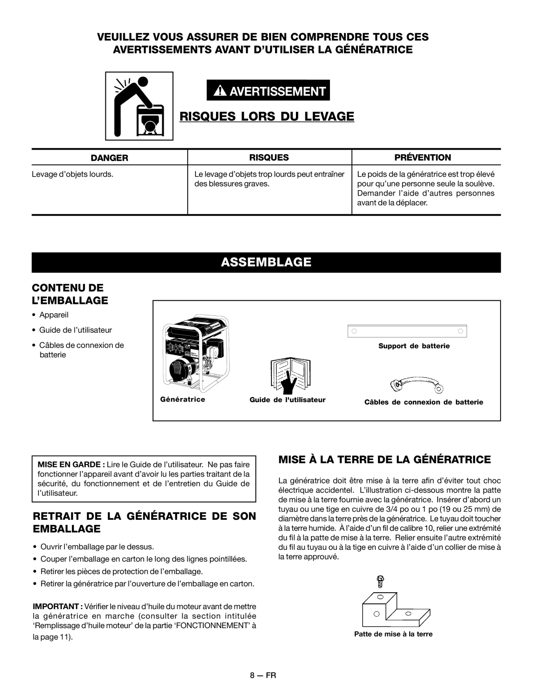 Craftsman MGP-679580 Risques Lors DU Levage, Assemblage, Contenu DE L’EMBALLAGE, Mise À LA Terre DE LA Génératrice 