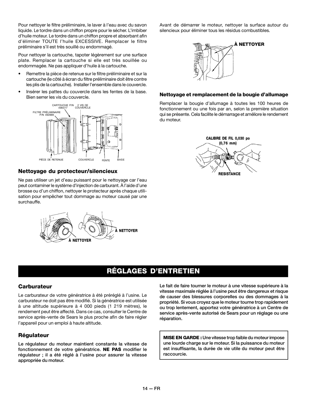 Craftsman MGP-679580, 919.679580 Réglages D’ENTRETIEN, Nettoyage du protecteur/silencieux, Carburateur, Régulateur 