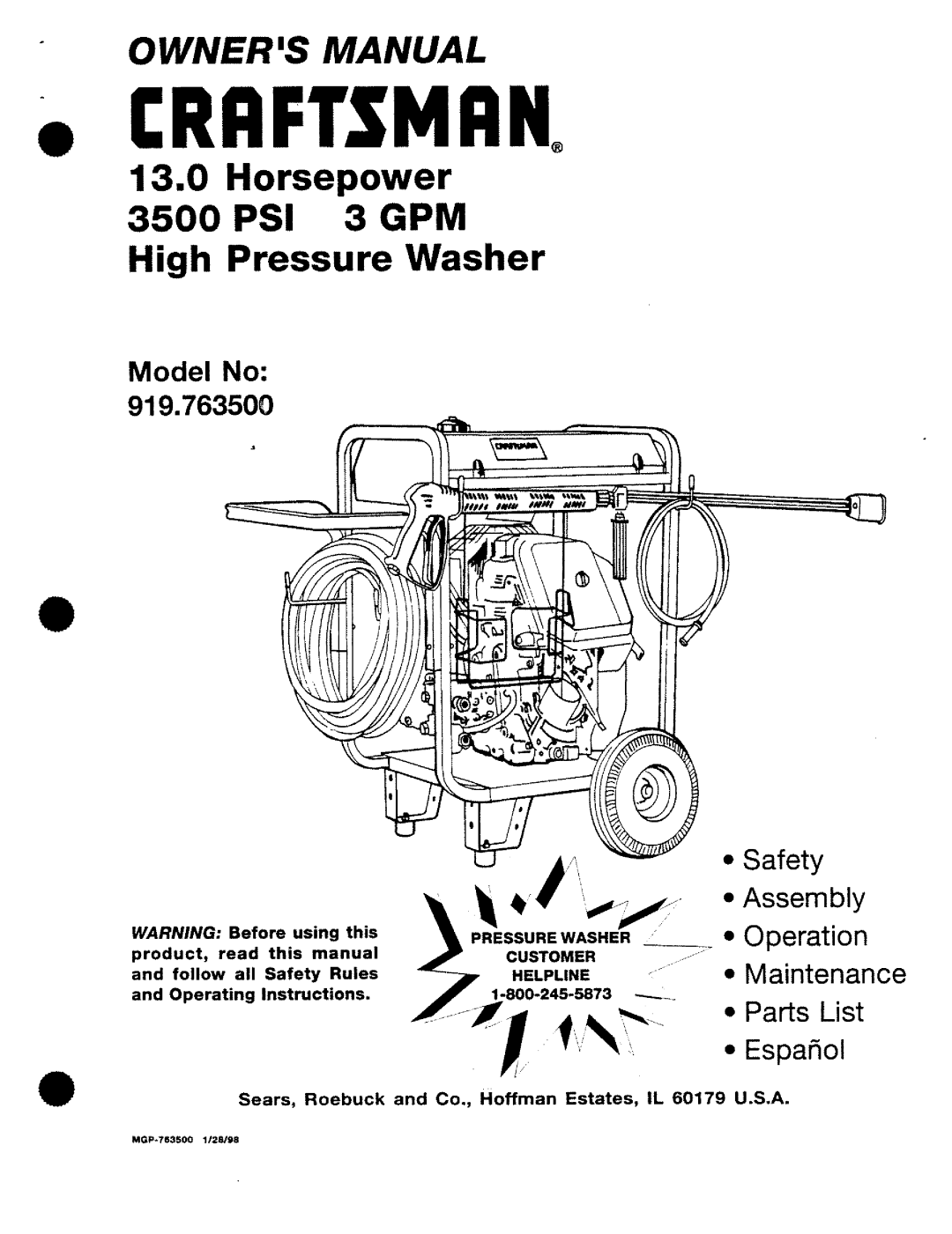 Craftsman 919.763500, MGP-743500 manual 