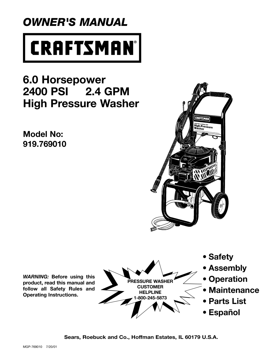 Craftsman MGP-769010 owner manual Operating Instructions, Sears, Roebuck and Co., Hoffman Estates, IL 60179 U.S.A 