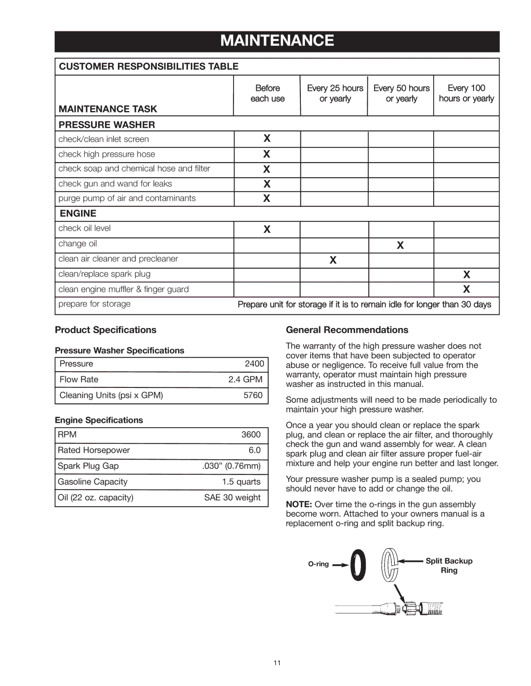 Craftsman MGP-769010 owner manual Maintenance, Product Specifications, General Recommendations, Split Backup, Ring 