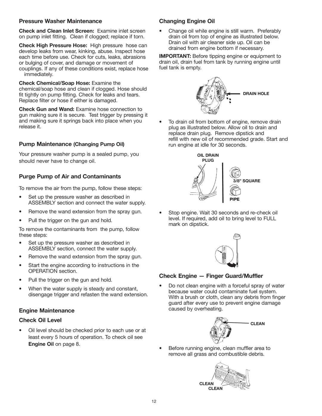 Craftsman MGP-769010 Pressure Washer Maintenance, Purge Pump of Air and Contaminants, Engine Maintenance Check Oil Level 