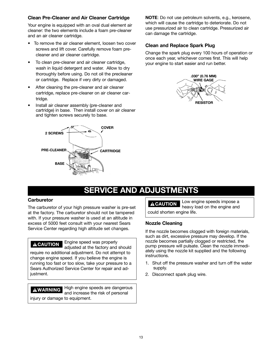 Craftsman MGP-769010 Service and Adjustments, Clean Pre-Cleaner and Air Cleaner Cartridge, Clean and Replace Spark Plug 