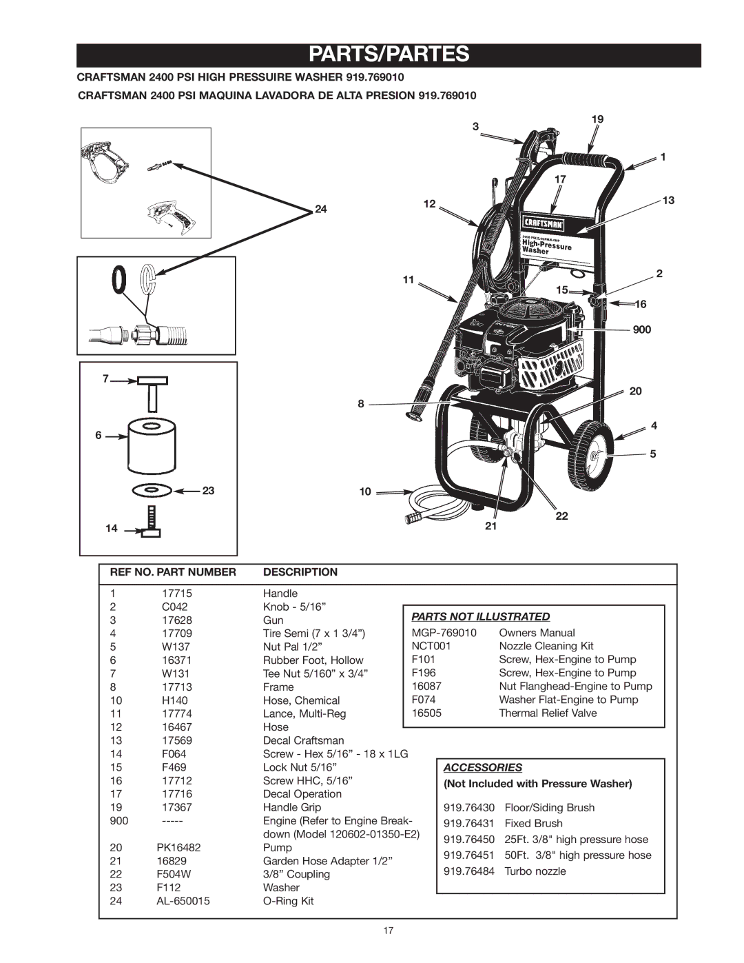 Craftsman MGP-769010 owner manual Parts/Partes, 900, Not Included with Pressure Washer 