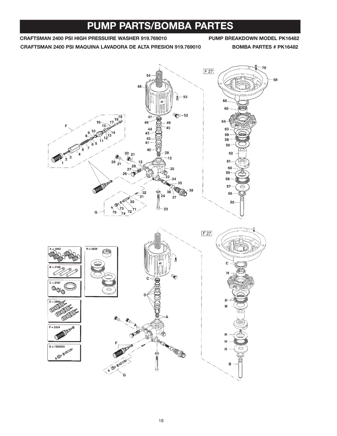 Craftsman MGP-769010 owner manual Pump PARTS/BOMBA Partes 