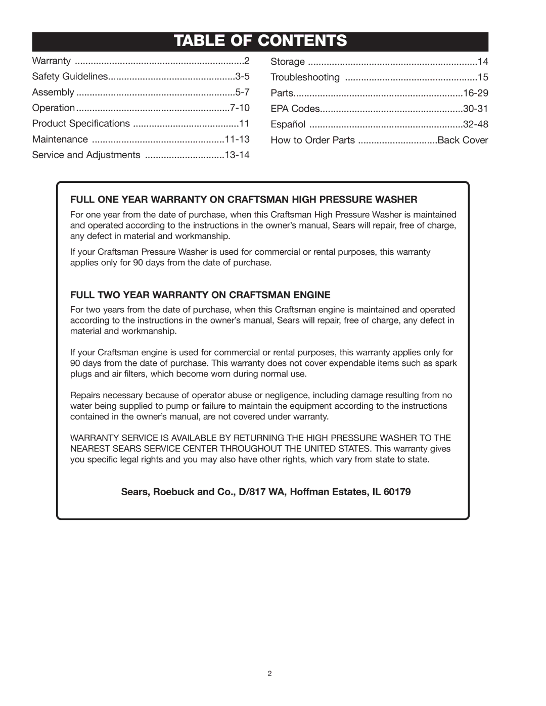 Craftsman MGP-769010 owner manual Table of Contents 