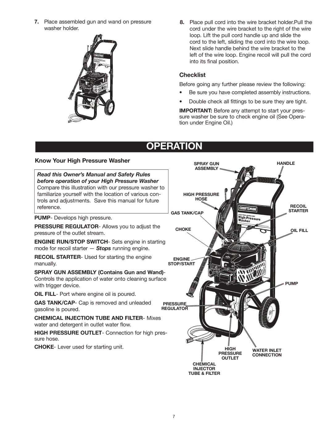 Craftsman MGP-769010 owner manual Operation, Checklist, Know Your High Pressure Washer 