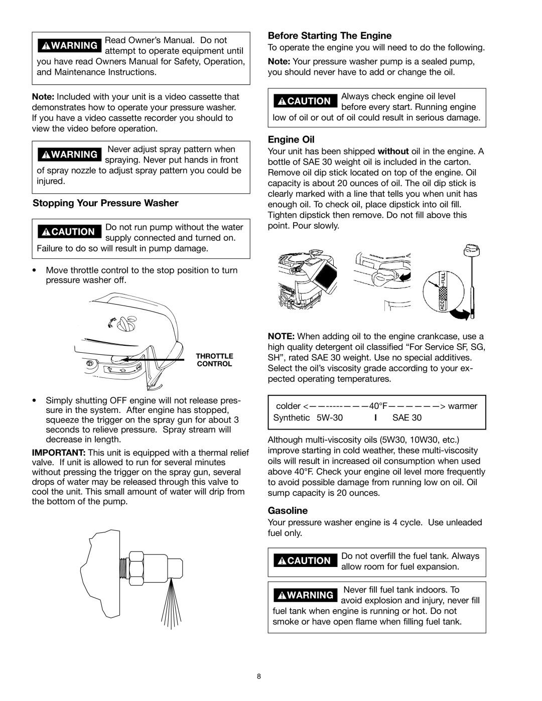 Craftsman MGP-769010 owner manual Stopping Your Pressure Washer, Before Starting The Engine, Engine Oil, Gasoline 