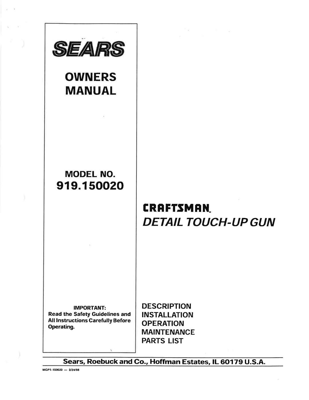 Craftsman 919.150020, MGP1-150020` manual 