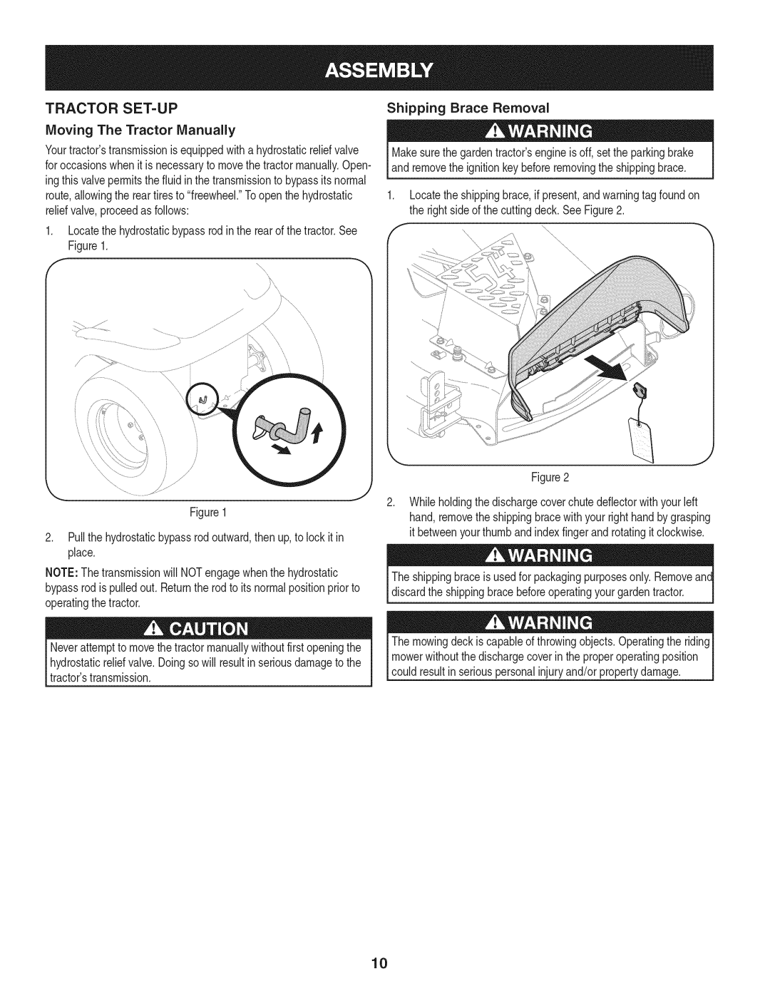 Craftsman PGT9000, 247.28984 manual Tractor SET-UP, Moving The Tractor Manually 