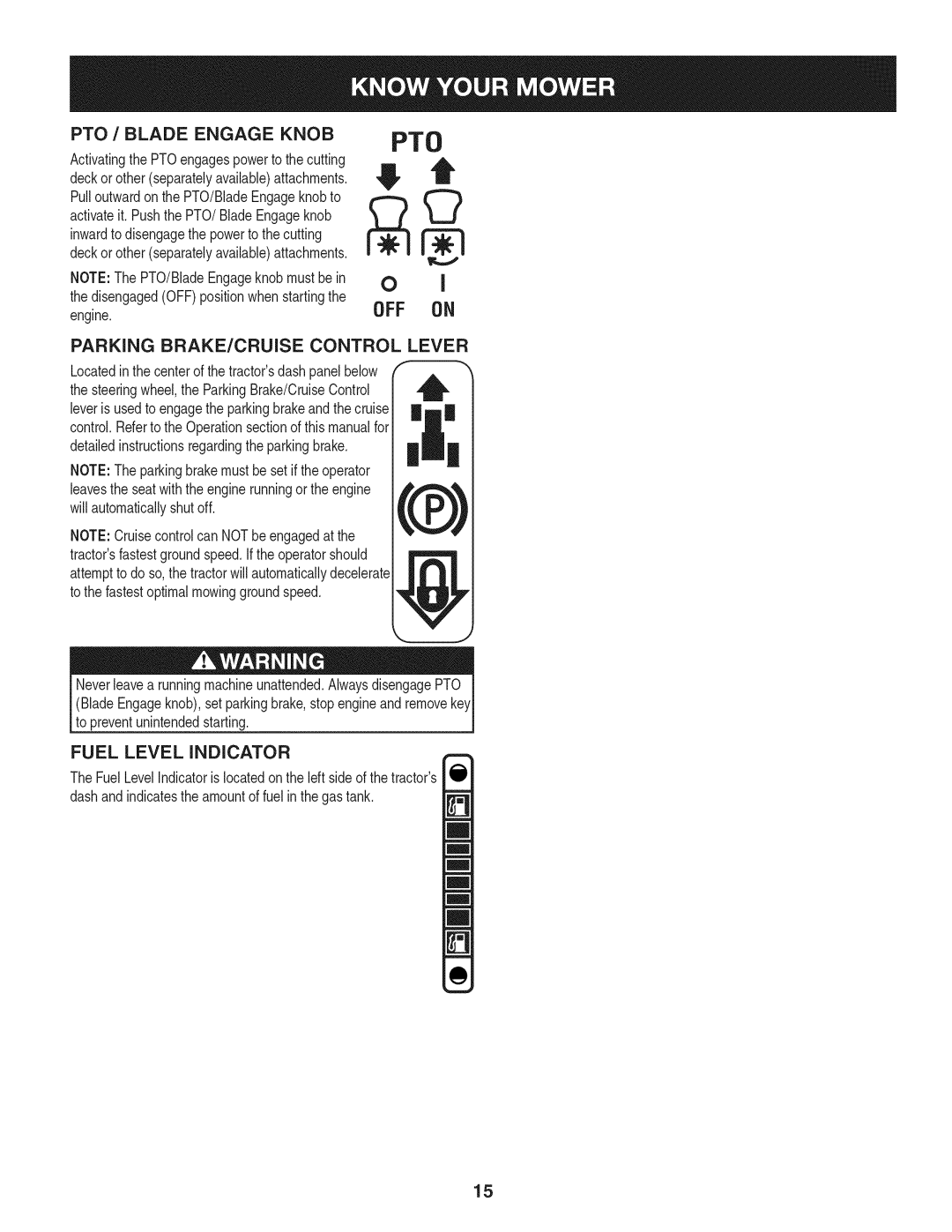 Craftsman 247.28984, PGT9000 PTO / Blade Engage Knob, Parking BRAKE/CRUISE Control Lever, Fuel Level Indicator, Engine 