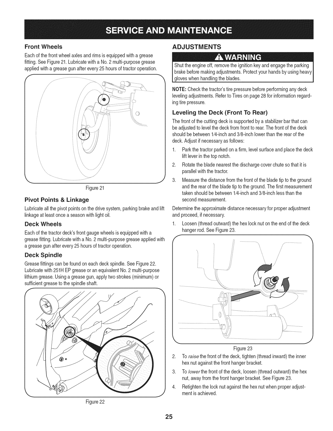 Craftsman 247.28984 manual Adjustments, Front Wheels, Pivot Points & Linkage, Deck Spindle, Leveling the Deck Front To Rear 