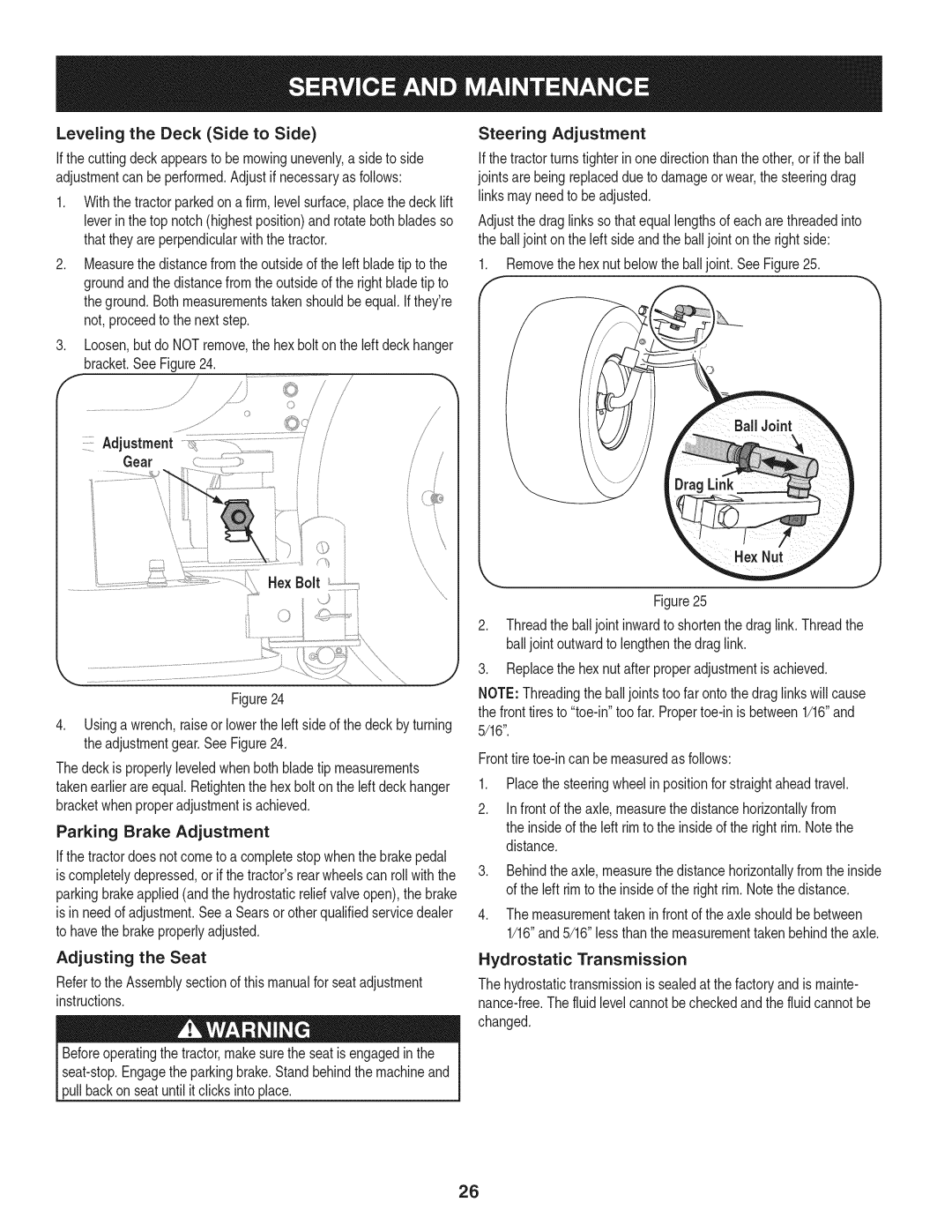 Craftsman PGT9000 manual Leveling the Deck Side to Side Steering Adjustment, Parking Brake Adjustment, Adjusting the Seat 