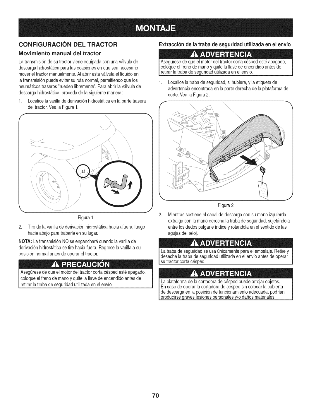 Craftsman PGT9000, 247.28984 Configuracion DEL Tractor, IViovirniento manual del tractor 