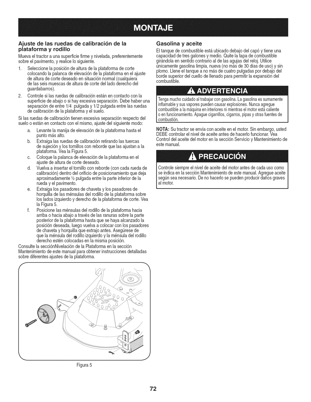 Craftsman PGT9000, 247.28984 manual Ajuste de las ruedas de calibraci6n de la, Plataforma y rodillo 