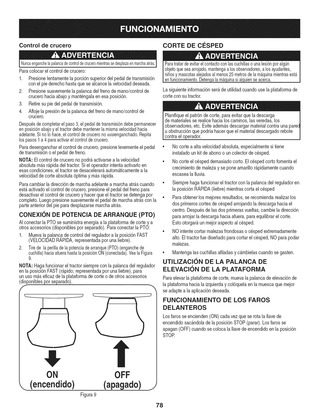 Craftsman PGT9000 manual CONEXI6N DE Potencia DE Arranque PTO, UTILIZACI6N DE LA Palanca DE, ELEVACI6N DE LA Platafornia 