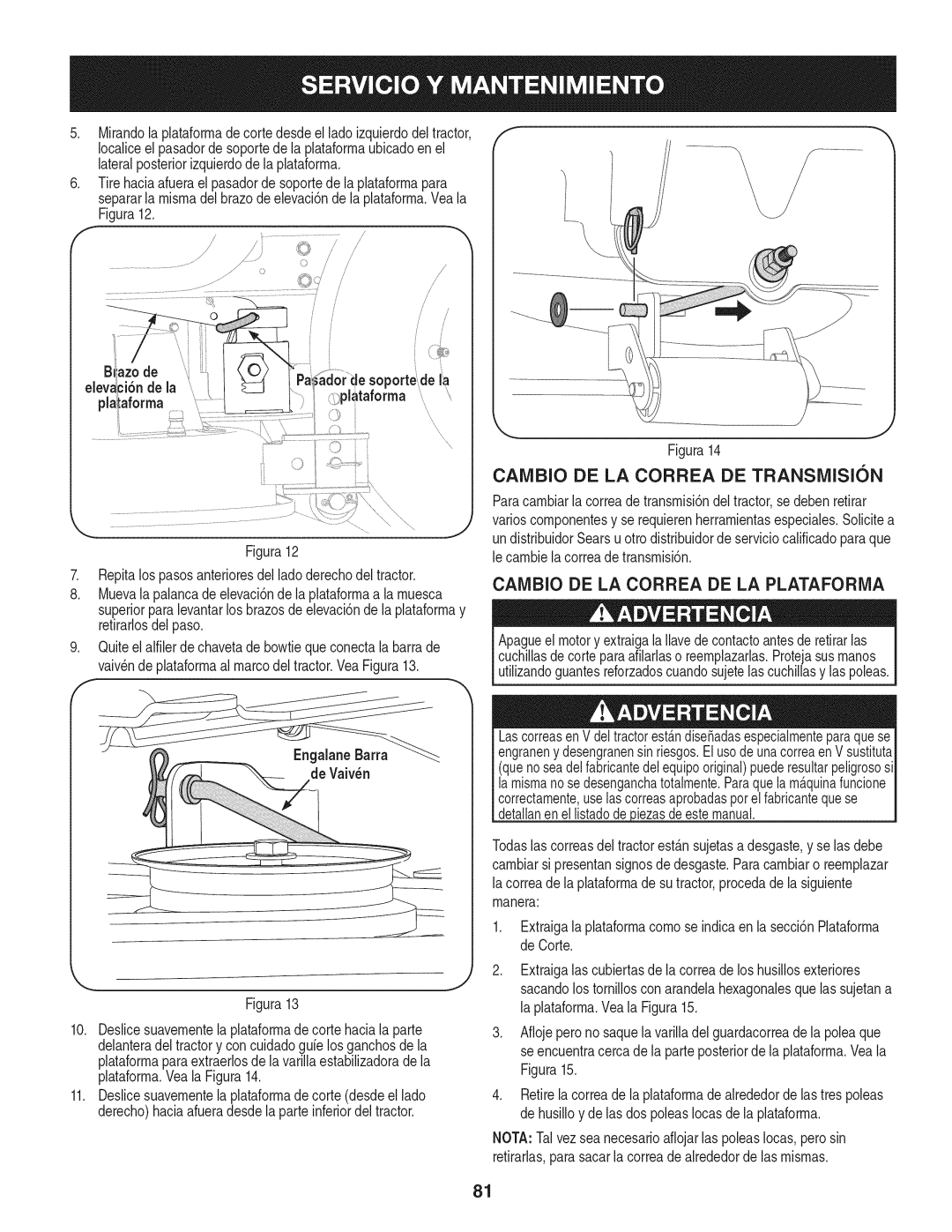 Craftsman 247.28984, PGT9000 manual Cambio DE LA Correa DE LA Plataforivia, De Vaivn 