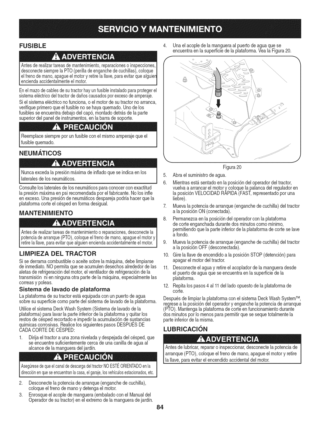 Craftsman PGT9000, 247.28984 Neumaticos, Mantenimiento, Limpieza DEL Tractor, Lubricacion, Sistema de lavado de plataforma 