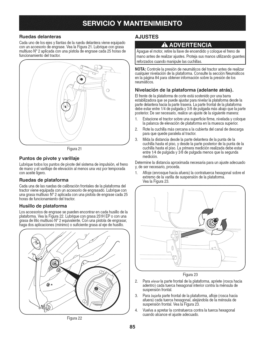 Craftsman 247.28984 manual Ajustes, Ruedas delarlteras, Puntos de pivote y varillaje, Husillo de plataforma, Veala Figura23 