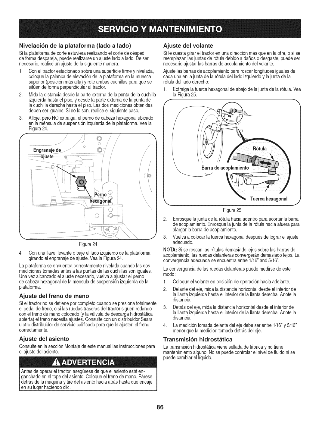 Craftsman PGT9000, 247.28984 Nivelaci6n De la plataforma Lado a lado Ajuste del volante, Tuerca, Transmisi6n hidrostatica 