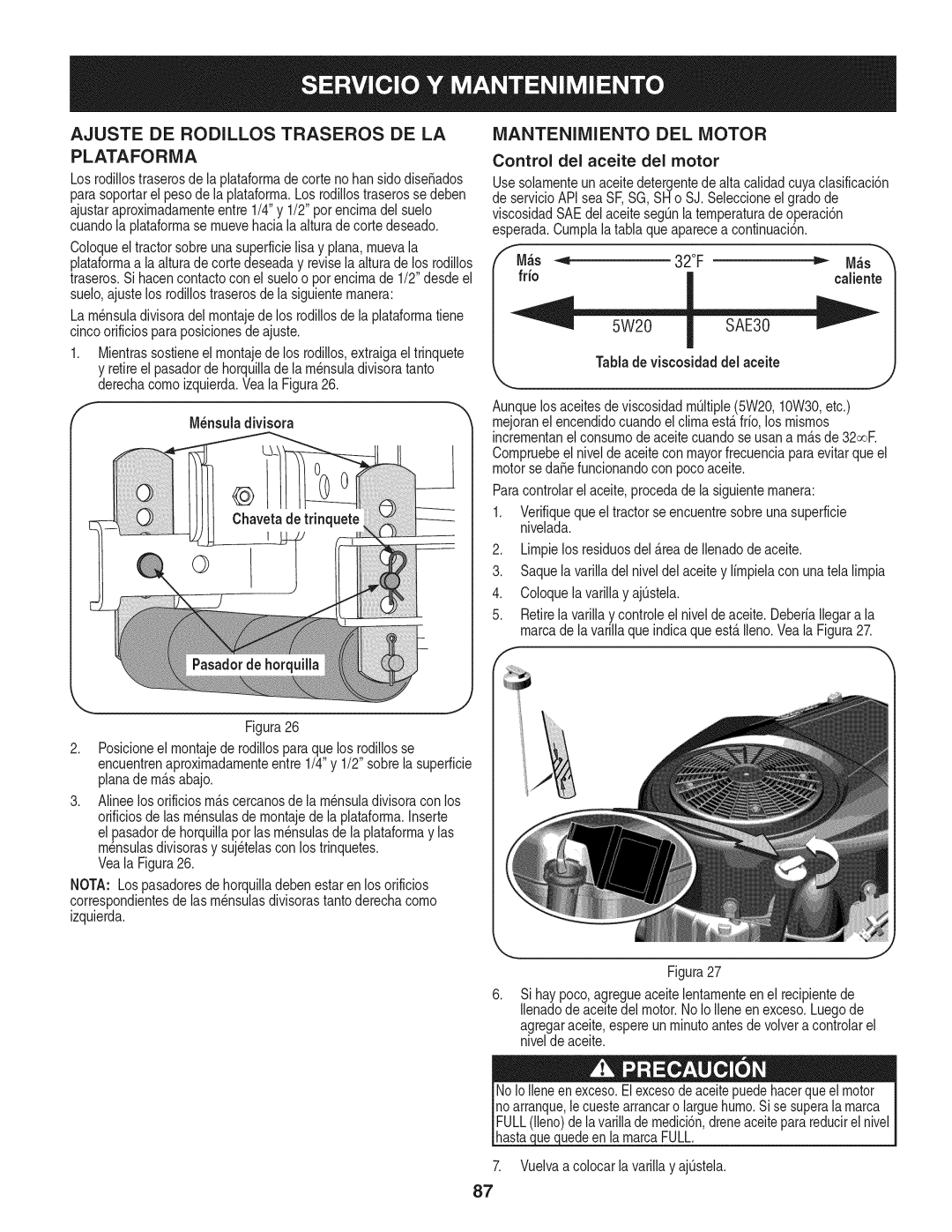 Craftsman 247.28984, PGT9000 manual Ajuste DE Rodillos Traseros DE LA Plataforma, Mantenimiento DEL Motor 