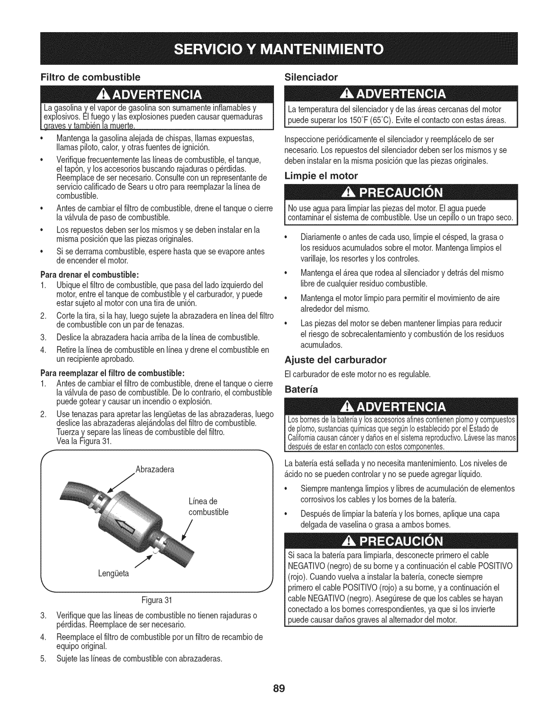 Craftsman 247.28984 Filtro de combustible, Paradrenar el combustible, Para reemplazarel filtro de combustible, Silenciador 