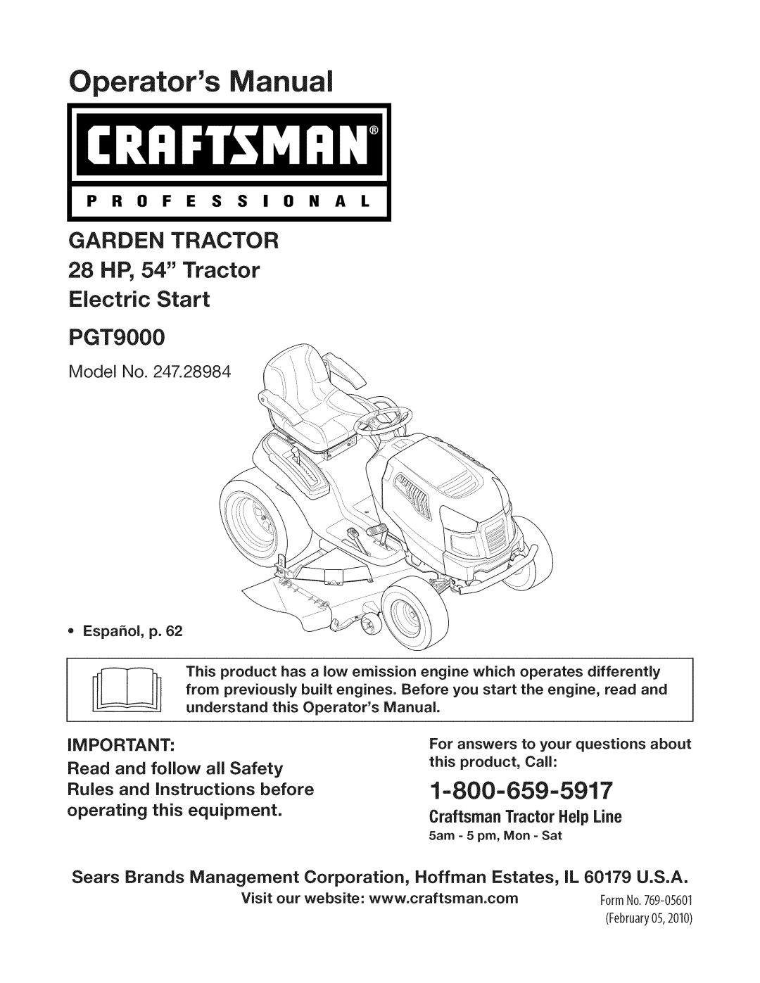 Craftsman 247.28984 manual perator s, 1=800=659=5917, Garden Tractor, 28 HP, 54 Tractor, Electric Start, PGT9000, Read 