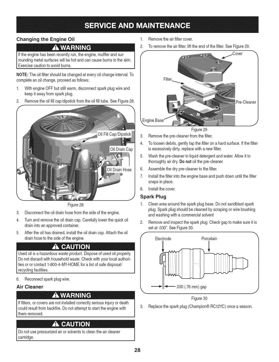 Craftsman PGT9000, 247.28984 manual Changing the Engine Oil, Cover 