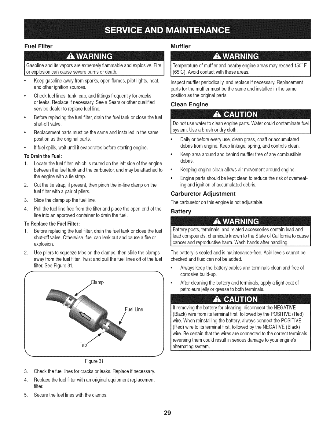 Craftsman 247.28984, PGT9000 manual Fuel Filter, To Drainthe Fuel, Muffler, Clean Engine 