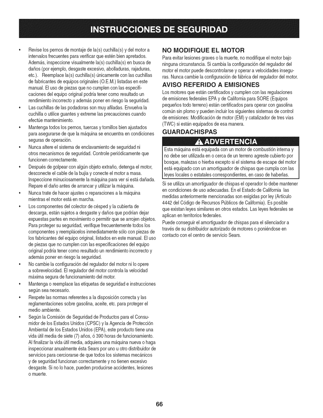 Craftsman PGT9000, 247.28984 manual No Modifique El Motor, Guardachispas 
