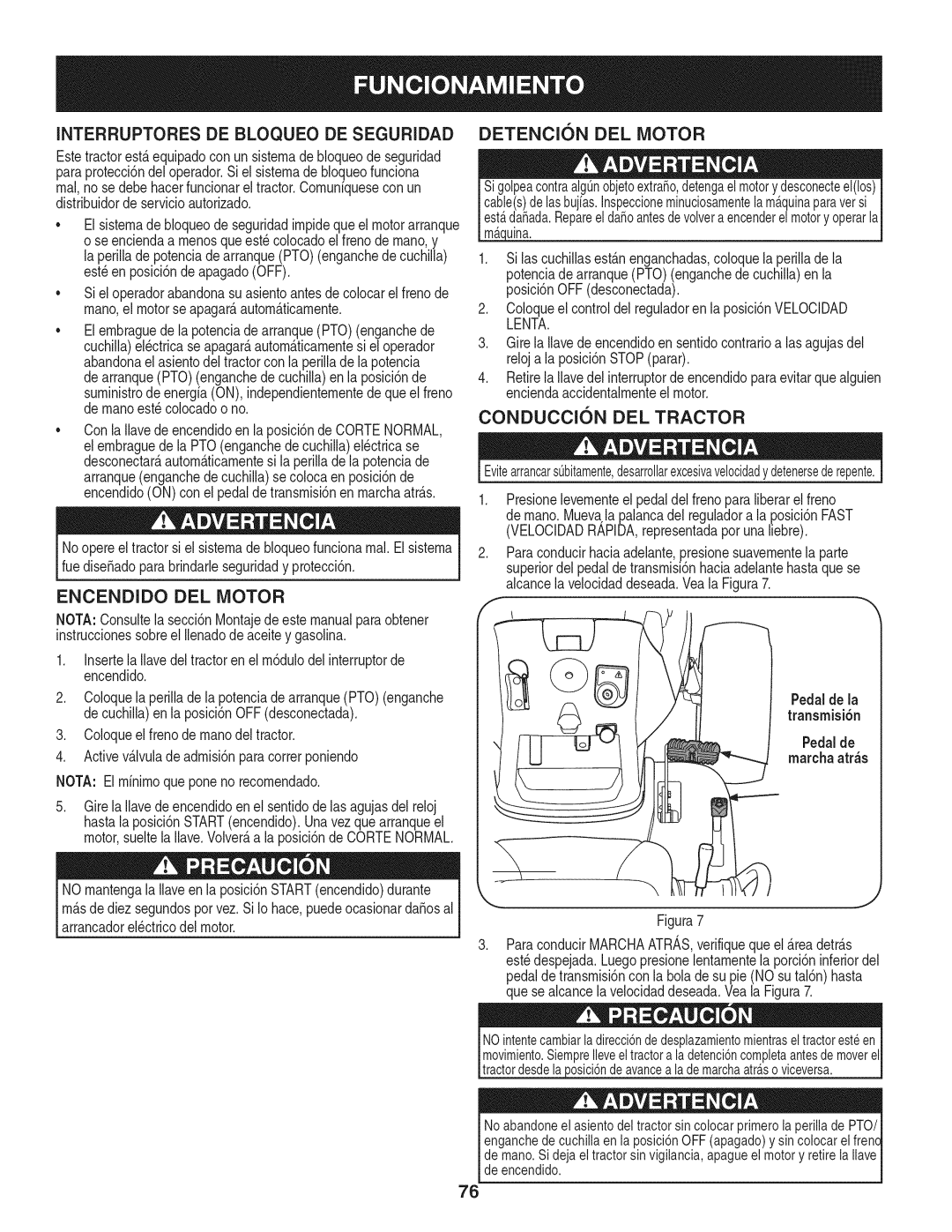 Craftsman PGT9000, 247.28984 manual Encendido Del Motor, Conduccion Del Tractor 