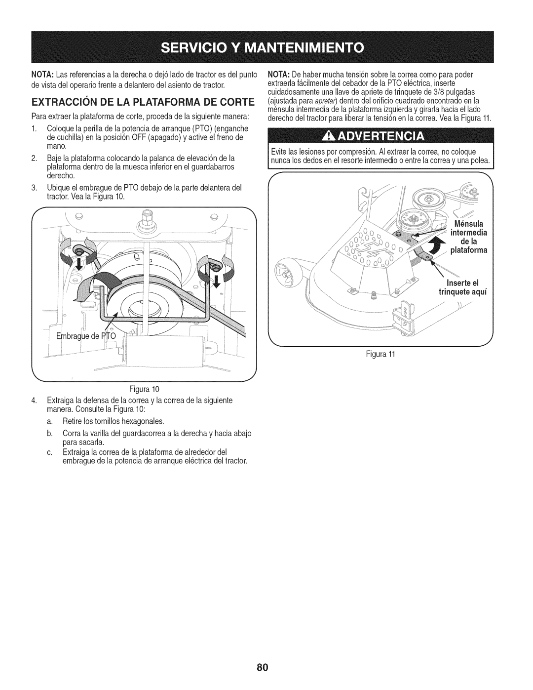 Craftsman PGT9000, 247.28984 manual EXTRACCl6N DE LA PLATAFORMA DE CORTE 