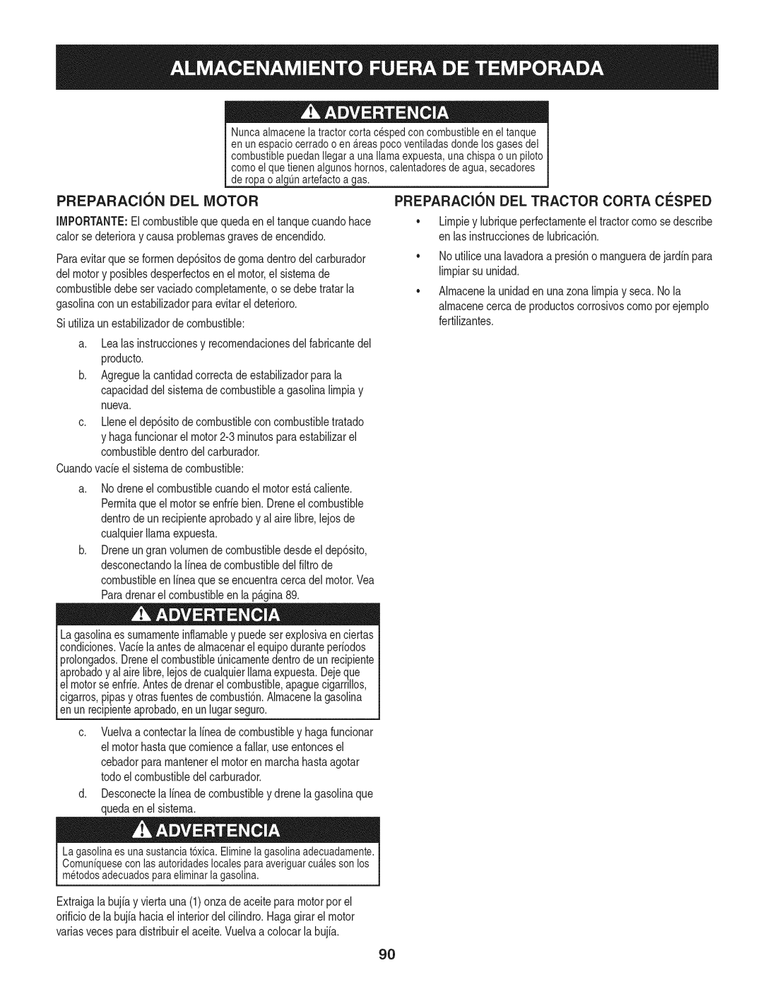 Craftsman PGT9000, 247.28984 manual Preparacion Del Motor, PREPARACI6N DEL TRACTOR CORTA CO:SPED 