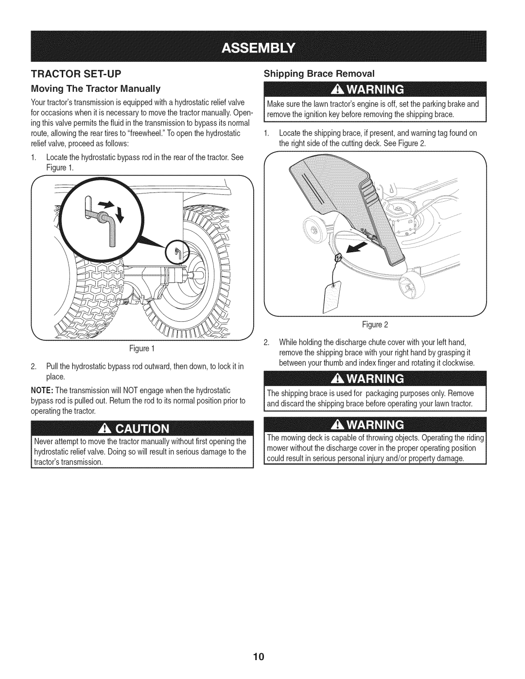 Craftsman PYT 9000, 247.28672 manual Tractor SET-UP, Moving The Tractor Manually 